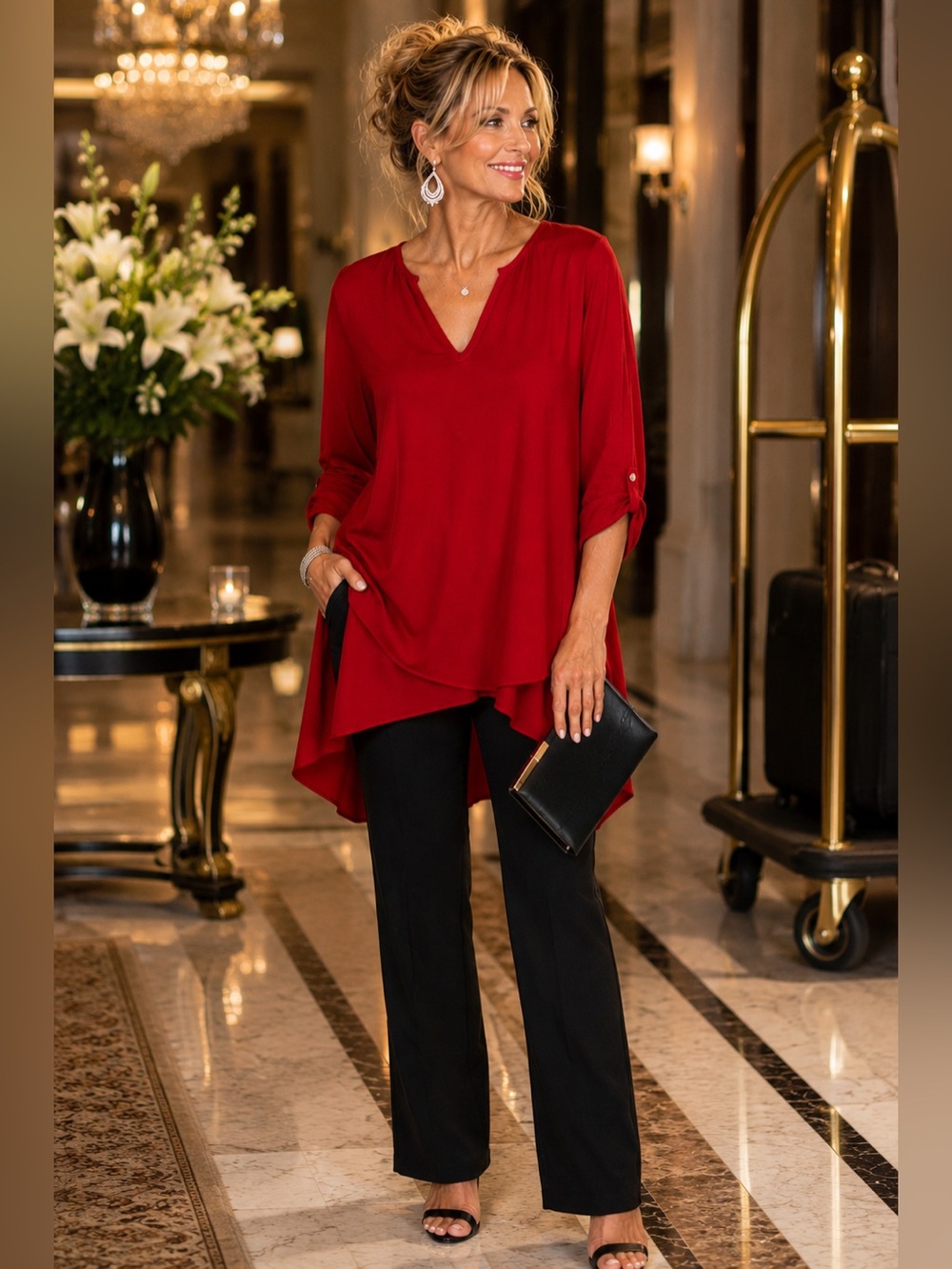 Karen Kane Red High Low Tunic Blouse Medium | Layered Hem Roll Tab Sleeve Top